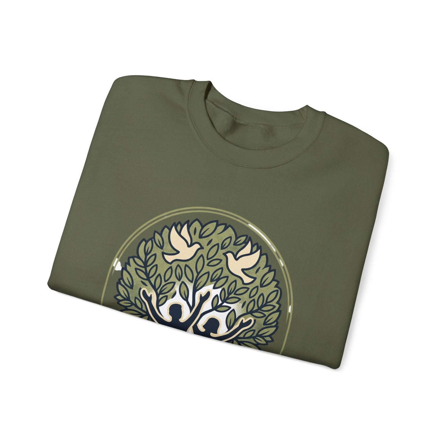 Roots of Peace tree illustration Crewneck Sweatshirt | Olive green nature design