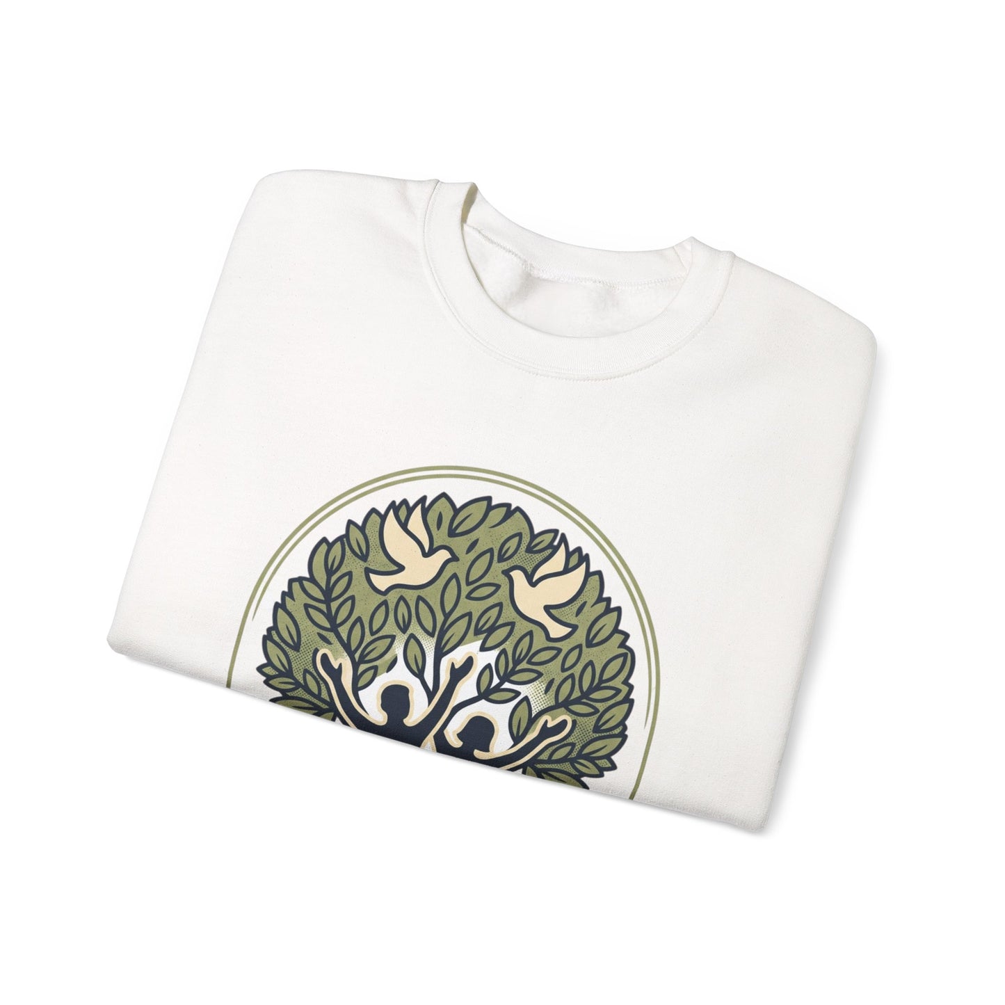 Roots of Peace tree illustration Crewneck Sweatshirt | Olive green nature design