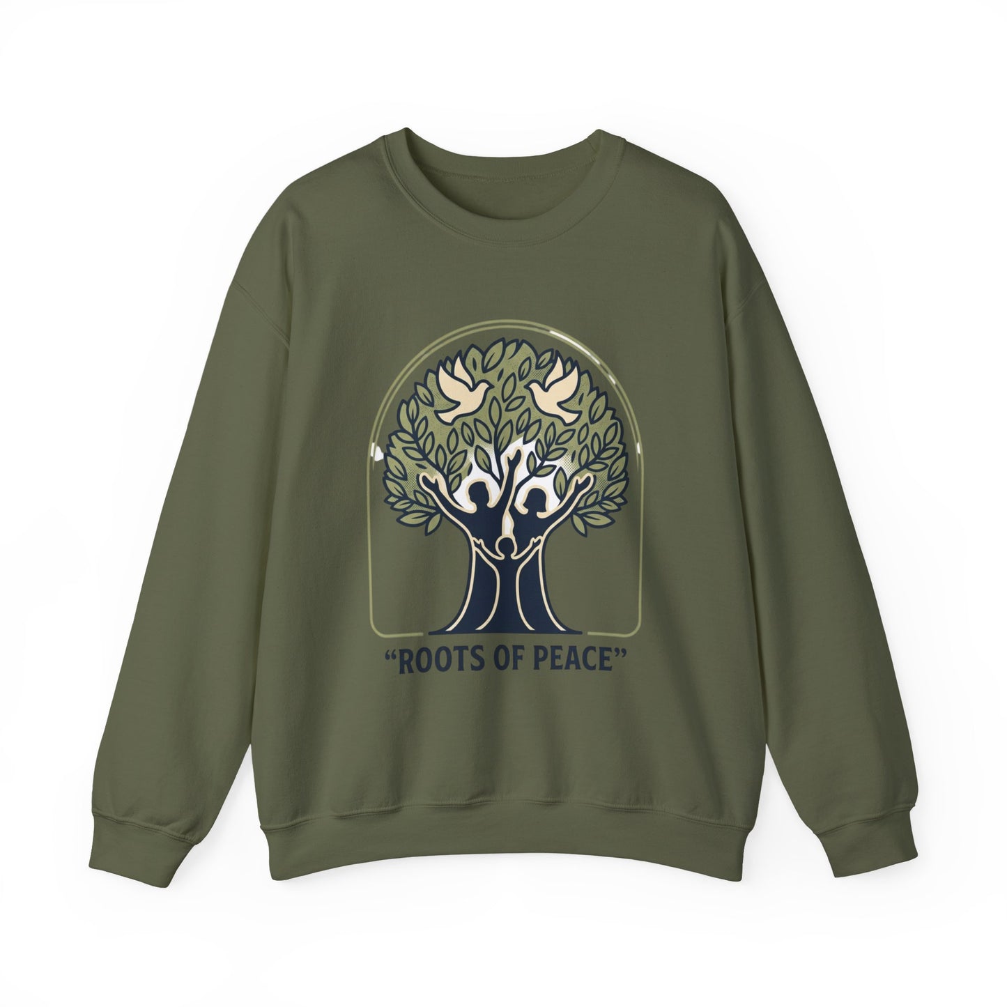 Roots of Peace tree illustration Crewneck Sweatshirt | Olive green nature design