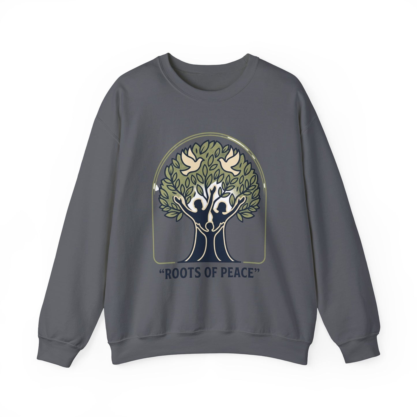 Roots of Peace tree illustration Crewneck Sweatshirt | Olive green nature design