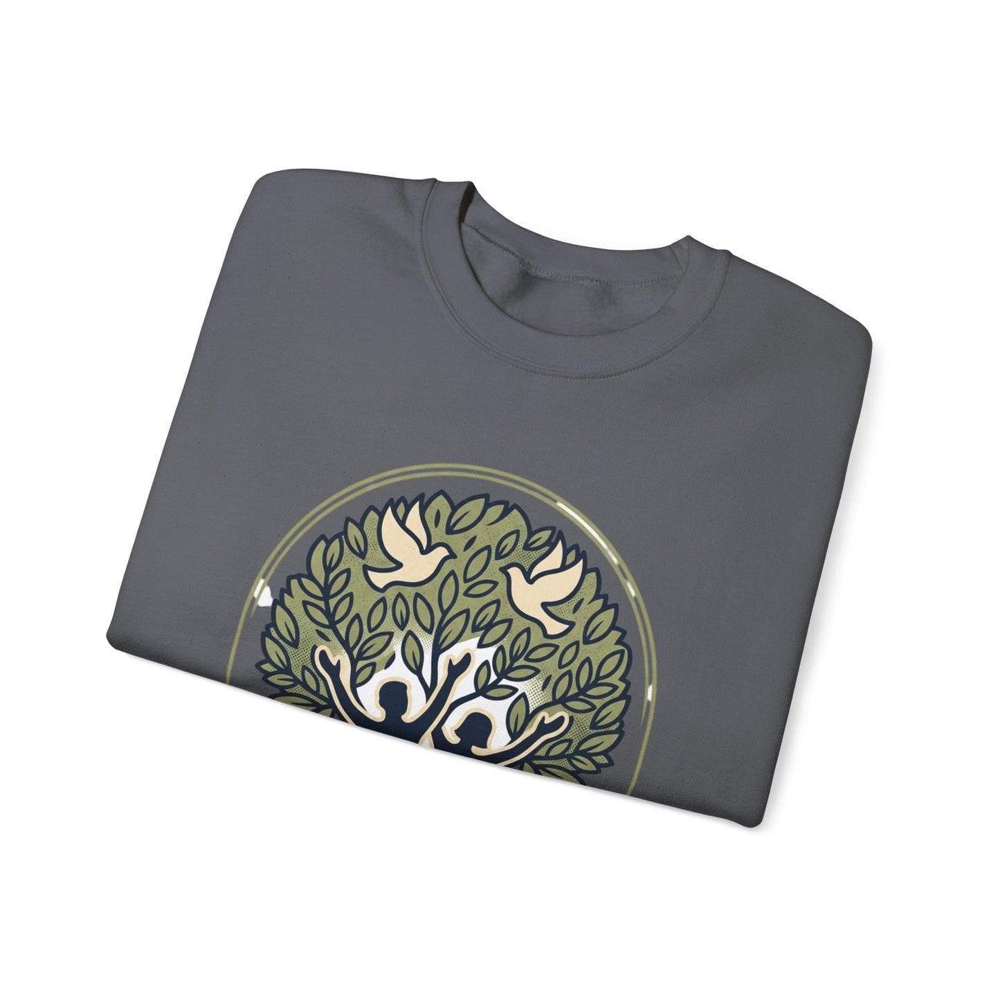 Roots of Peace tree illustration Crewneck Sweatshirt | Olive green nature design