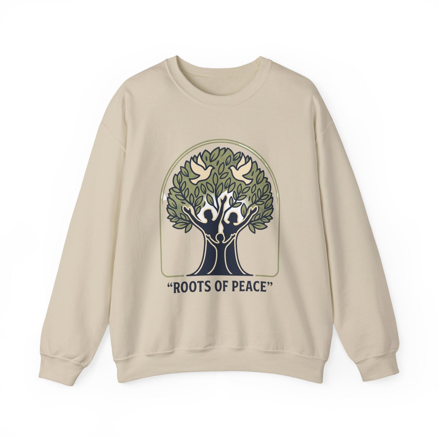 Roots of Peace tree illustration Crewneck Sweatshirt | Olive green nature design