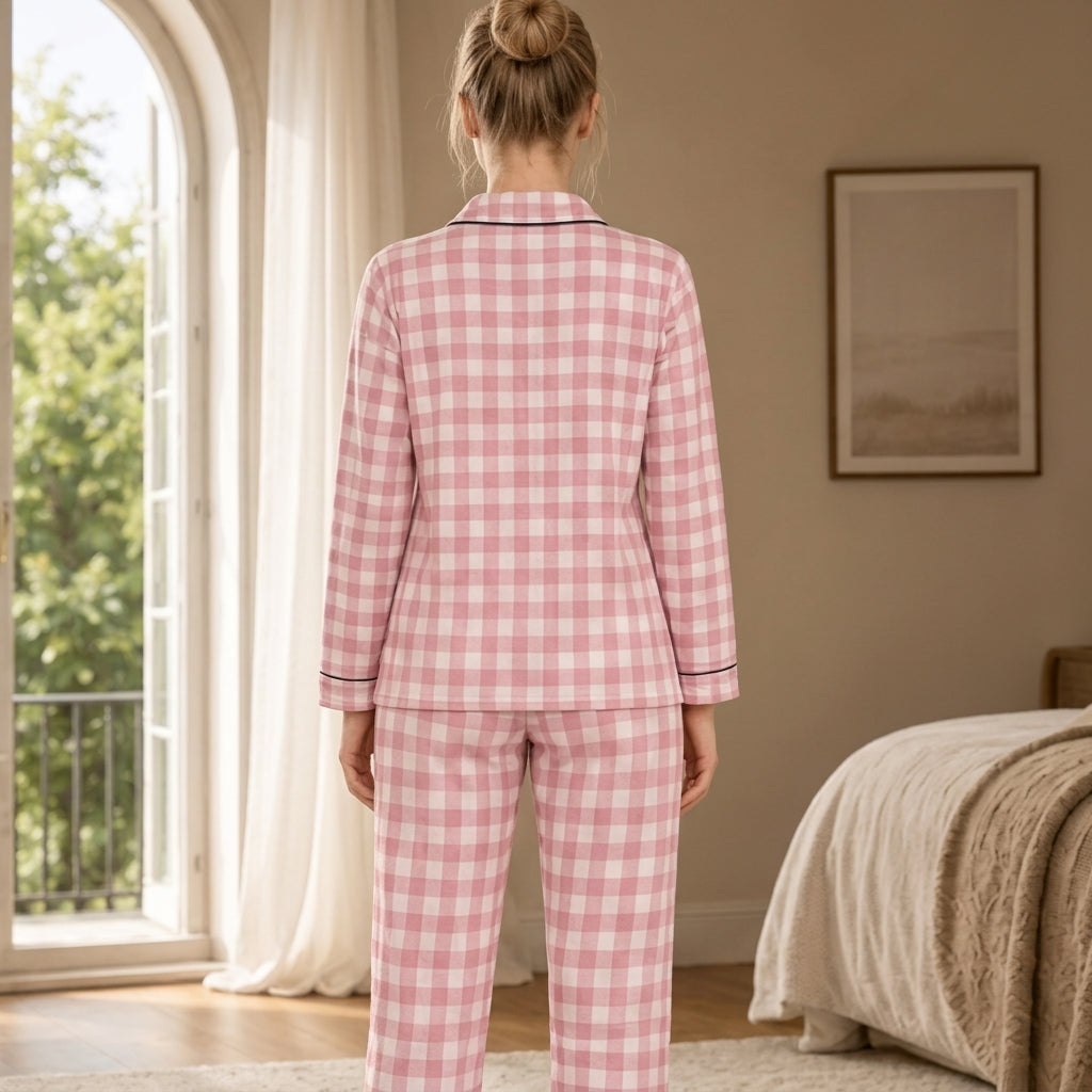 Women’s Pink Gingham Pajama Set – Long Sleeve Button-Up Shirt & Matching Pants, 2-Piece Lounge & Sle