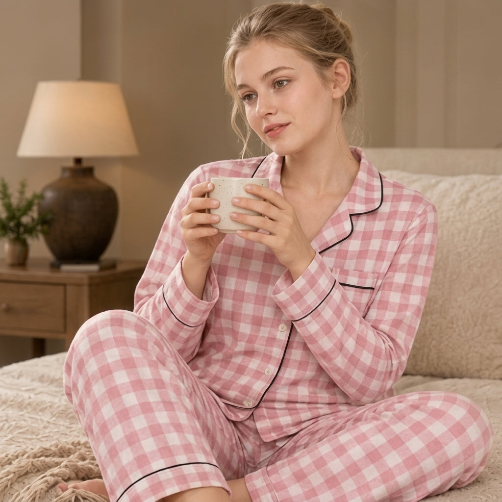 Women’s Pink Gingham Pajama Set – Long Sleeve Button-Up Shirt & Matching Pants, 2-Piece Lounge & Sle