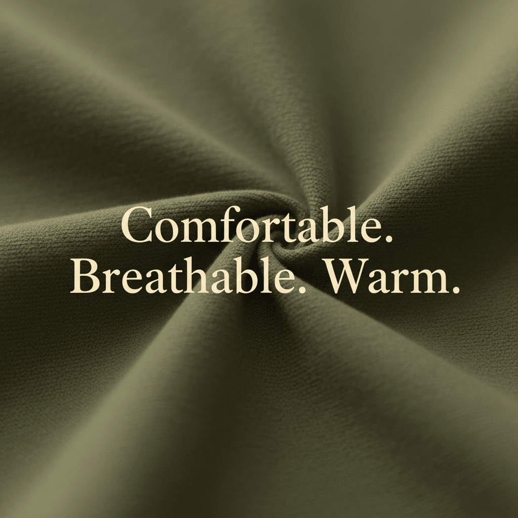 Fabric close-up — Comfortable. Breathable. Warm.