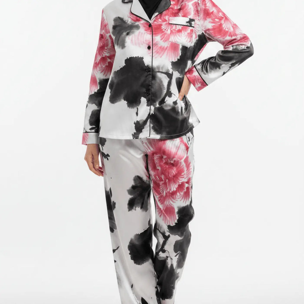 Peony Reverie Set – Blush Floral Satin Pyjama Set