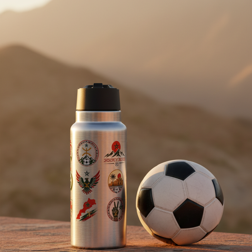 Moroccan football badge tumbler lifestyle shot with Atlas Mountains background