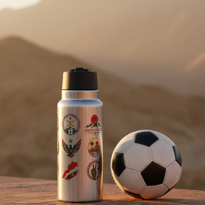 Moroccan football badge tumbler lifestyle shot with Atlas Mountains background