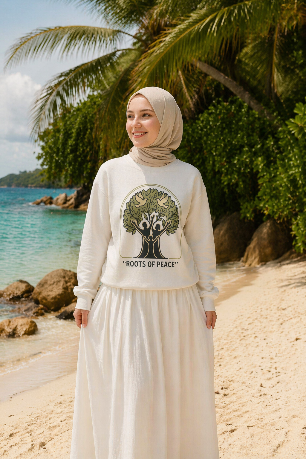 Roots of Peace tree illustration Crewneck Sweatshirt | Olive green nature design