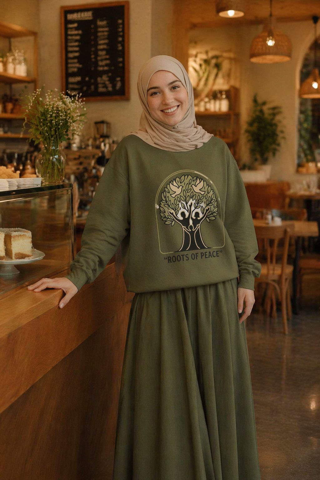 Roots of Peace tree illustration Crewneck Sweatshirt | Olive green nature design